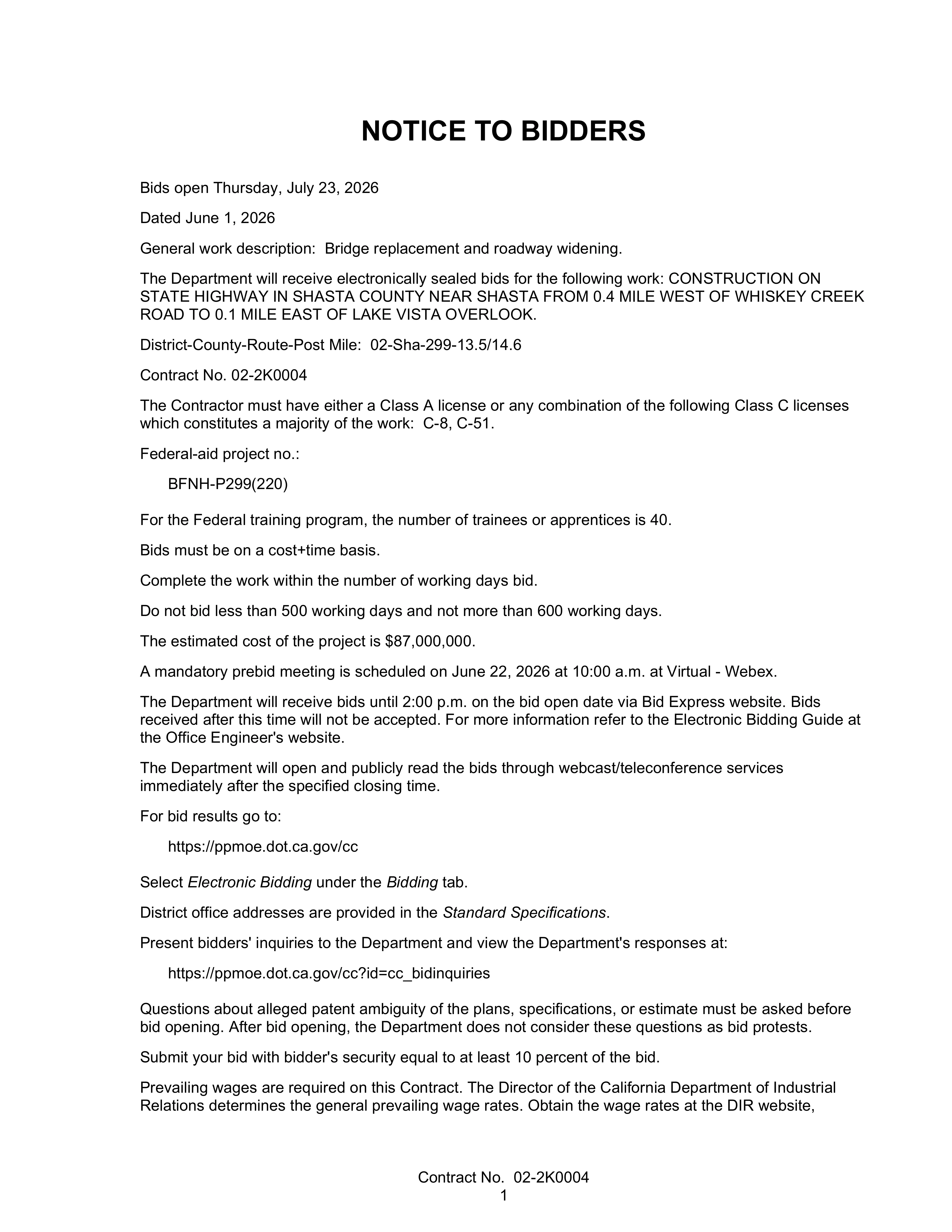 Notice to Bidders, page 1 of the special provisions, with the cost-plus-time basis, the 500 to 600 working day range, and the $87,000,000 estimate marked.