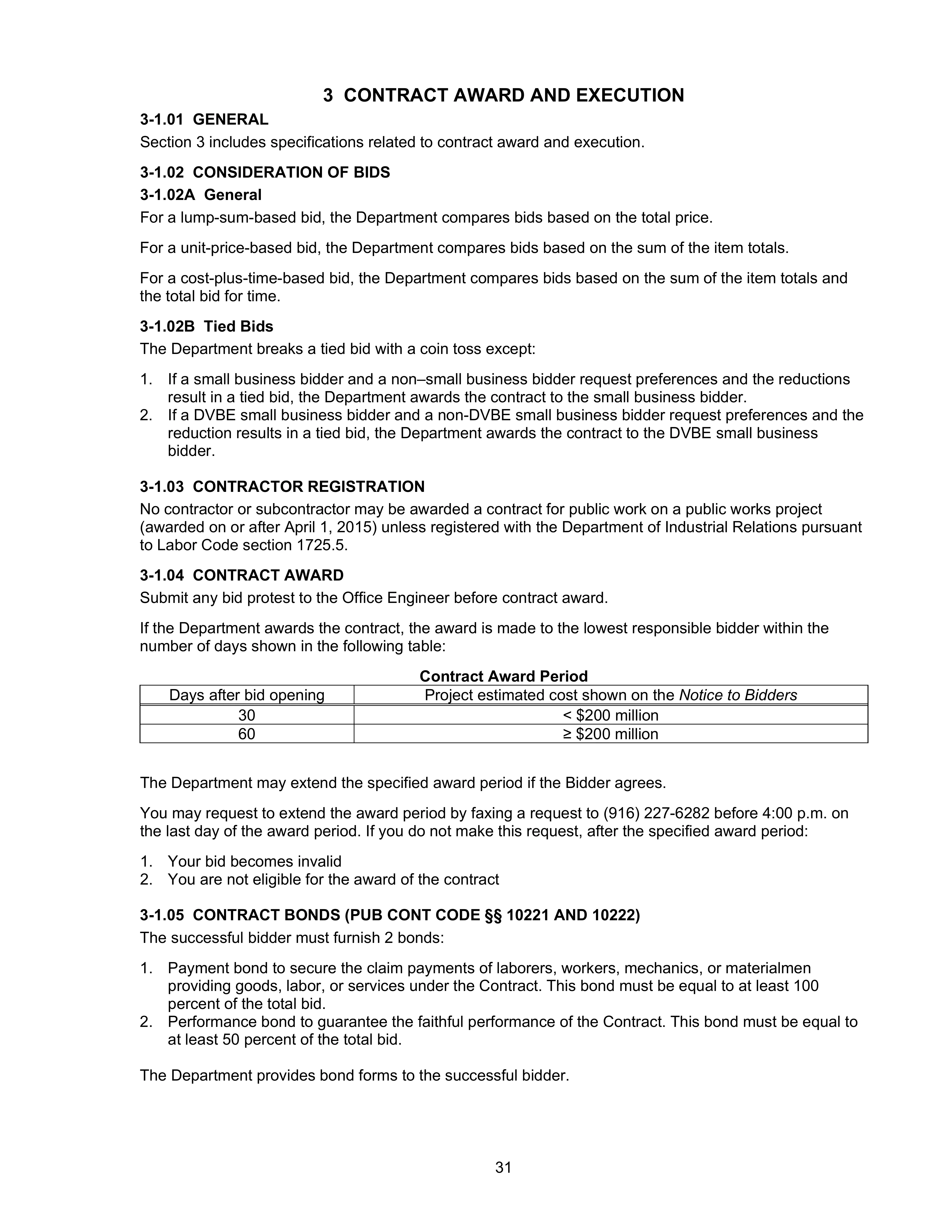 Standard Specifications page 31, section 3-1.02A, saying cost-plus-time bids are compared on the item totals plus the total bid for time, marked.